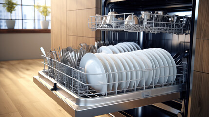 Open dishwasher with clean dishes in kitchen