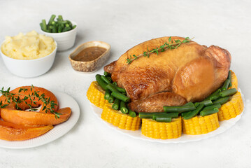 baked chicken with corn, beans and pumpkin