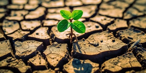 Green plant sprouts through dry cracked soil