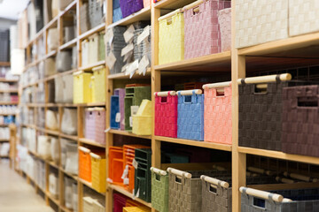 Hardware store shelves filled with boxes for linen