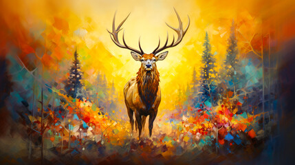 A bull elk bugling in a meadow morning light eternity abstract oil painting.  Digital illustration generative AI.