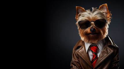 Cool looking Yorkshire Terrier dog as a detective wearing coat, sunglasses, shirt and tie isolated on background. Stylish animal posing as supermodel. Digital illustration generative AI.
