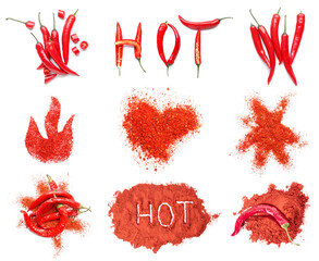 Set of red chili pepper and powder on white background