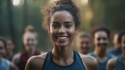 young adult woman with newly met friends in group outdoors in forest jogging and doing sport and relaxing in nature, multiracial tanned skin color, joyful happy smile, fictional location