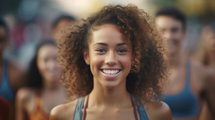 Obraz premium young adult woman with newly met friends in group outdoors in small town or village or countryside jogging and doing sport and relaxing in nature, multiracial tanned skin color