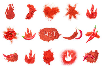 Set of red chili pepper and powder on white background