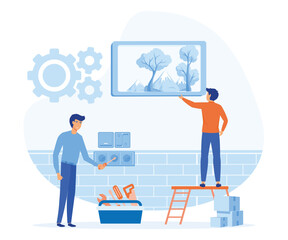 Home repair services, professional workers, Husband and wife glue wallpaper, flat vector modern illustration 