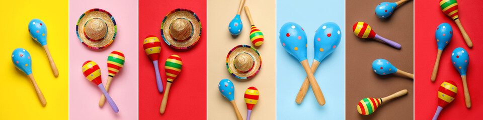 Collage with Mexican maracas and sombrero hats on colorful background, top view