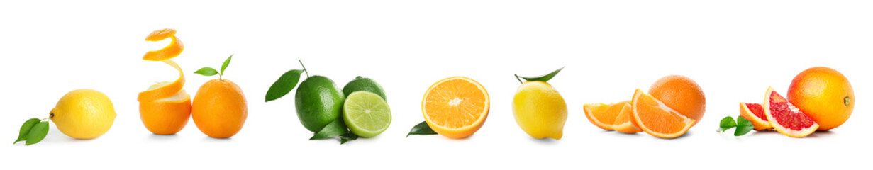 Set of many citrus fruits isolated on white