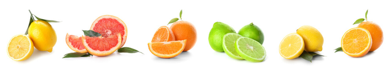 Set of many ripe citrus fruits isolated on white