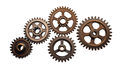 Several old industrial gears isolated on white created with Generative AI