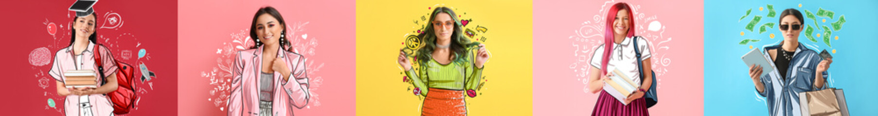 Set of different fashionable women on colorful background