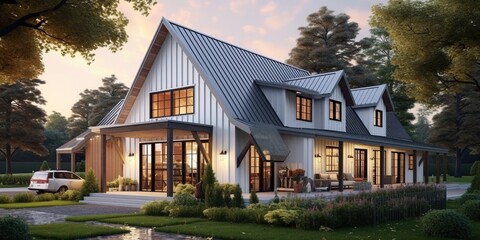 Home architecture design in Modern Farmhouse Style with Gabled roof constructed by Board and Batten - obrazy, fototapety, plakaty