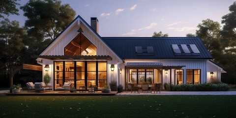 Home architecture design in Modern Farmhouse Style with Gabled roof constructed by Board and Batten