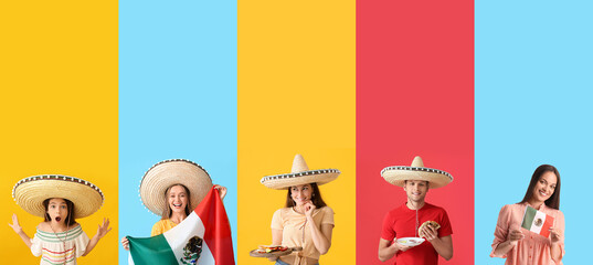 Fototapeta na wymiar Set of different Mexican people on colorful background