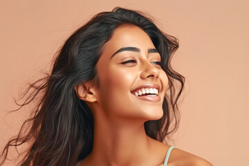 A stunning Indian woman smiling at the camera against a pastel background. Generative AI, AI.