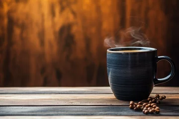 hot black coffee mug on wooden table , cozy warm mood , black and brown tones   Generative AI © Kay