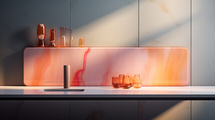 A sun soaked counter, decorated with multiple glasses on a background with beautiful marble pattern