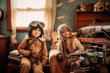 Child dressed as a retro pilot playfully engages in the role, pretending to operate an airplane's controls. With a contagious joy and a touch of nostalgia, the young aviator. Generative Ai, Ai.