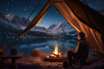 A man sits under a spacious canopy, surrounded by the serene beauty of nature, as he expertly prepares a delicious meal over a crackling campfire.  Generative Ai, Ai.