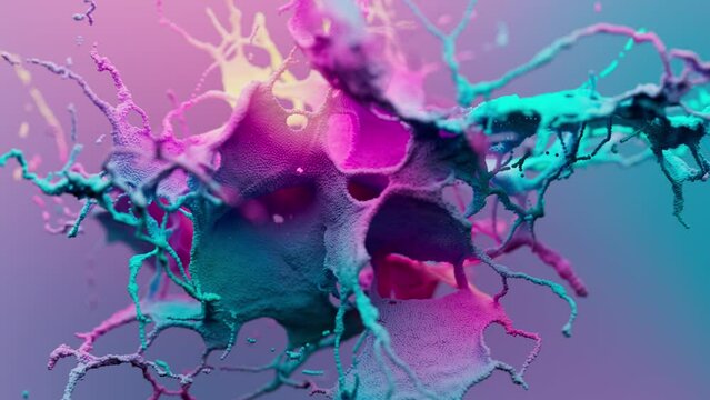 Abstract colorful particles splashing explosion 3d animation.