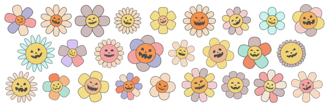 Halloween groovy flower cartoon characters. Happy Halloween day 70s groovy vector. Sticker pack in trendy retro trippy style. Isolated vector illustration. Hippie 60s, 70s style