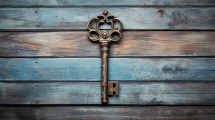 Old key on wooden background created with Generative AI