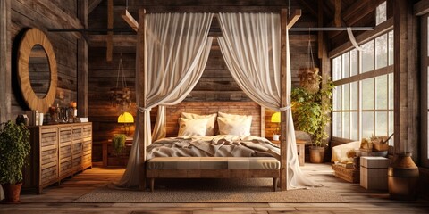 Fototapeta na wymiar Interior design of Bedroom in Rustic style with Four - poster bed with white linens decorated