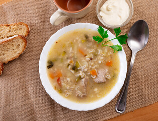 National Russian dish is Pickle soup with meat, cooked on the basis of pickled cucumbers and pearl...