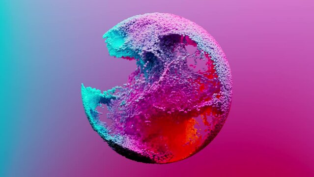 Abstract colorful particles fluid motion in sphere 3d animation.