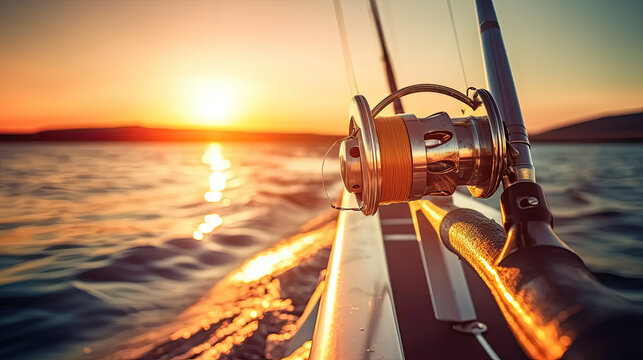 Fishing rods on a yacht board. Sea fishing in clear sunny weather.