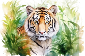 Watercolor illustration, portrait of a tiger in the jungle