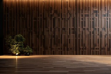 A wall of wooden slats with a pattern of wall panels in the background | Generative AI