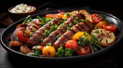 Image of grilled sausages with various additives on a plate.