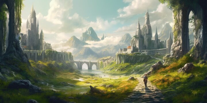 Landscape illustration with ancient towers and a path
