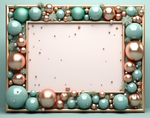 Obraz na płótnie Canvas frame and free space on the background with Christmas balls and snowflakes in light turquoise and gold colors