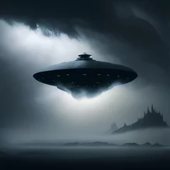 Poster Photo of a black and white flying saucer in the sky © Usman
