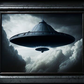 Photo of a painting of a flying saucer in a cloudy sky