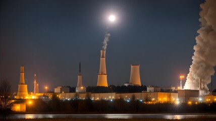 Photo of a factory with smoke emissions at night