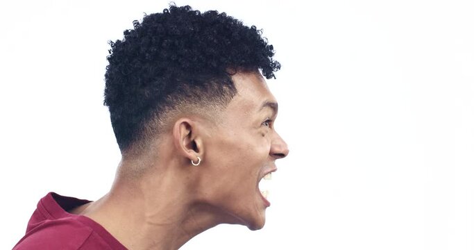 Anger, screaming and face of man on a white background for emotions, stress and frustrated in studio. Depression, mental health and profile of isolated person shouting for mistake, problem and crisis