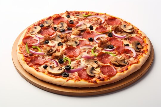 Round pizza from Italy displayed on a white isolated background.. ai generation