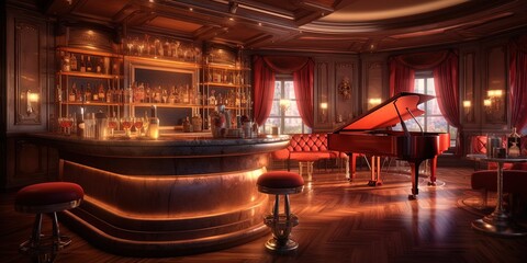 Luxury bar room with a grand piano, in the style of nostalgic scenes. - Powered by Adobe