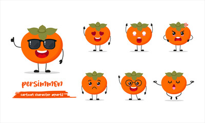 cute persimmon cartoon with many expressions. fruit different activity pose vector illustration flat design set with sunglasses.