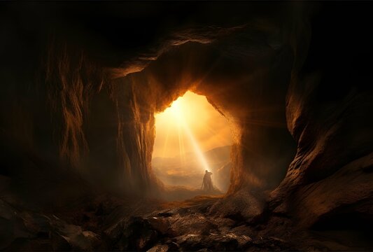 four pictures of different caves opening out to light, in the style of hyperrealistic fantasy, detailed character illustrations, 8k resolution, dark white and amber, biblical themes, bold landscapes, 