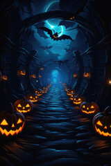 Halloween spooky background, scary pumpkins in old big creepy Happy Haloween ghosts horror house evil haunted castle scene. Creepy dark gothic mysterious night dark backdrop concept. 