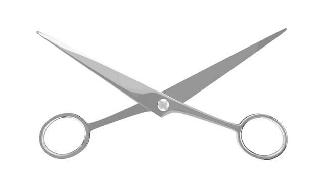 Opened shiny stainless steel hairdresser scissors isolated on transparent and white background. Barber concept. 3D render