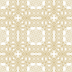 Symmetrical tribal ethnic arabesque style gold lines seamless pattern with square frames. Floral vector background. Beautiful intricate line art isolated ornament. Repeat backdrop. Endless texture