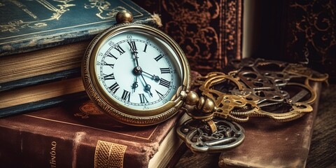Old vintage watch and key with books, escape room game banner. Time background.