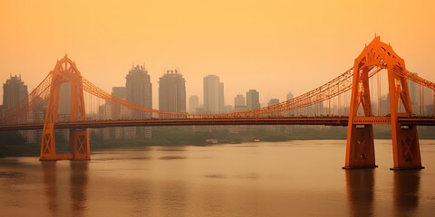 Orange bridge river city skyline, Liuzhou, China.