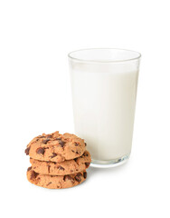 Glass of milk and tasty cookies with chocolate chips on white background
